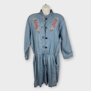 80s long sleeve denim jean embroidered boho romper one piece Large Boho
